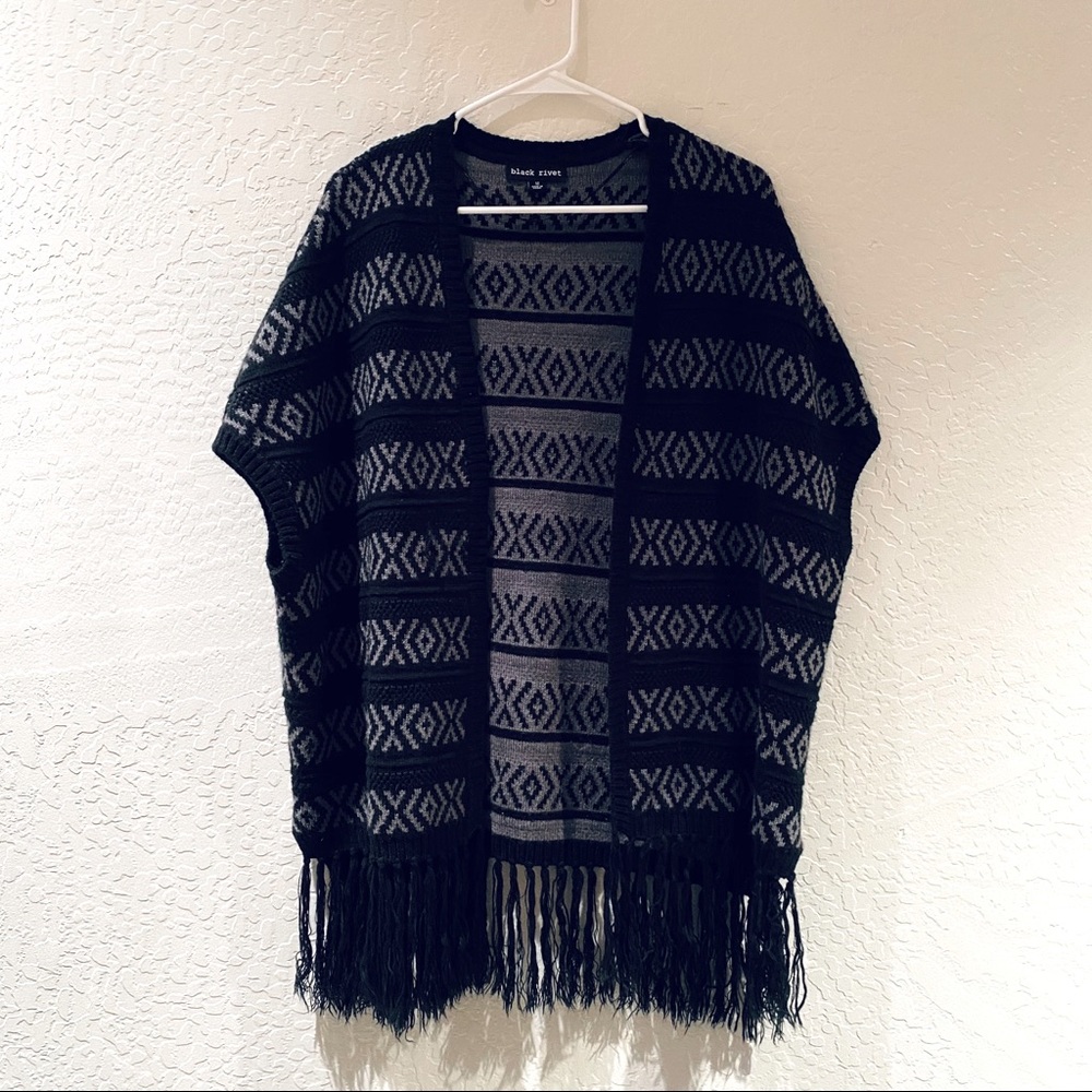 Black Rivet Aztec Poncho - L